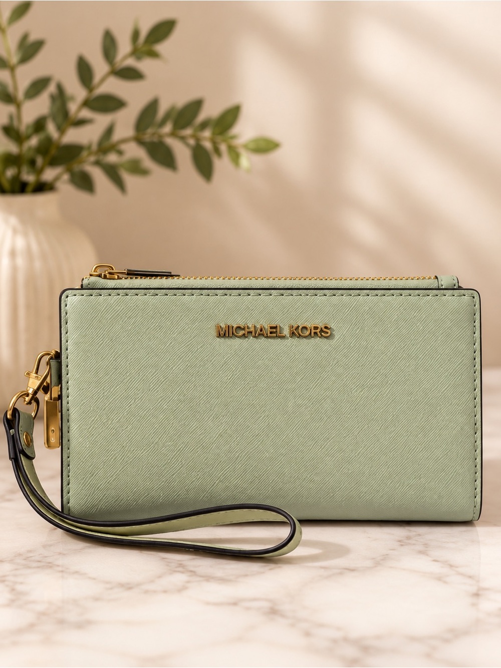 Michael Kors Jet Set Double Zip Phone Wallet Wristlet Sage Green